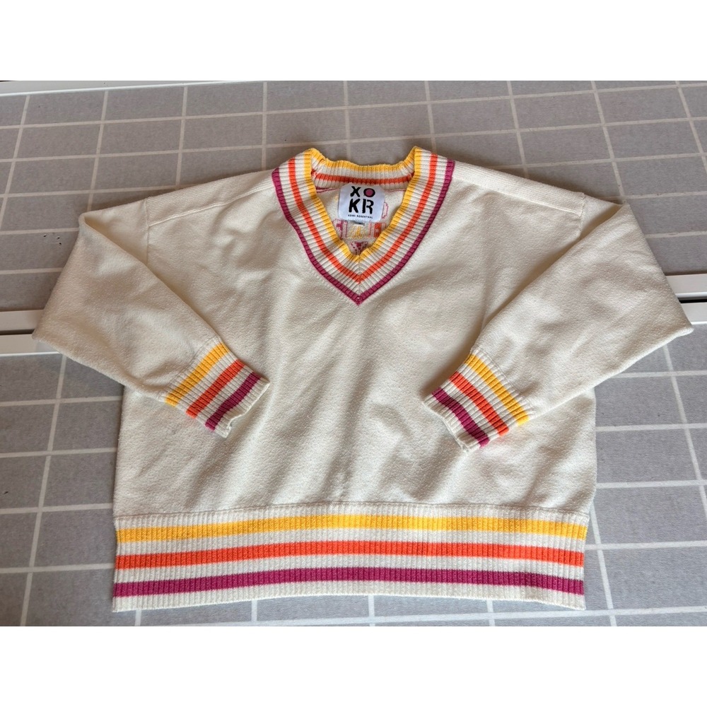 Kerri Rosenthal XOKR "Get Happy" V-Neck Sweater Size XL Cream Striped Knit Top